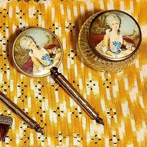 Vintage 1930's Marie Antionette Brass Mirror, Brush, Comb, Powder Jar Vanity Set